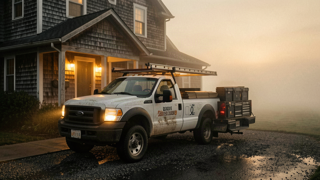 Work truck at dawn on an East End cedar-shake house
